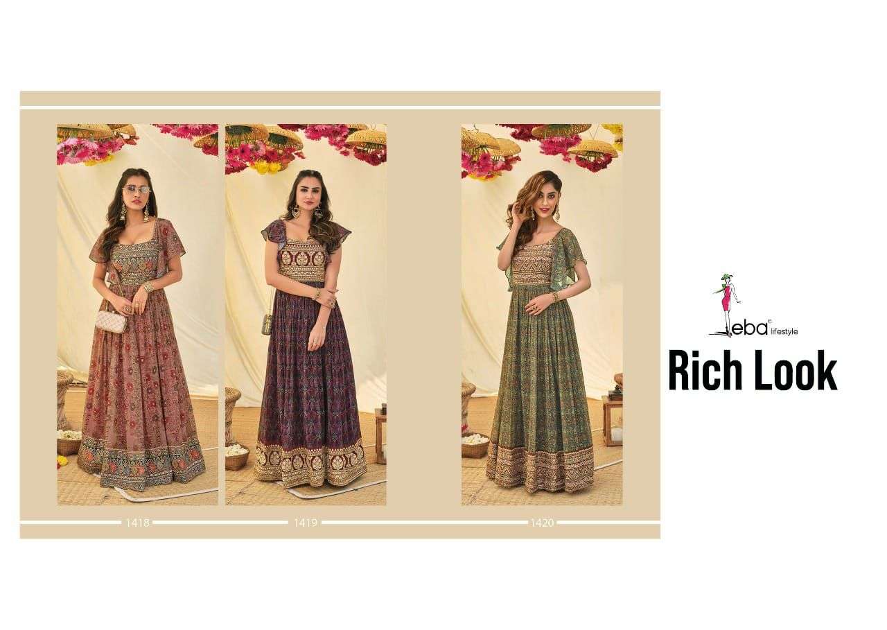 Eba Rich Look Catalog Party Wear Weightless Georgette Stitched Long Gowns 