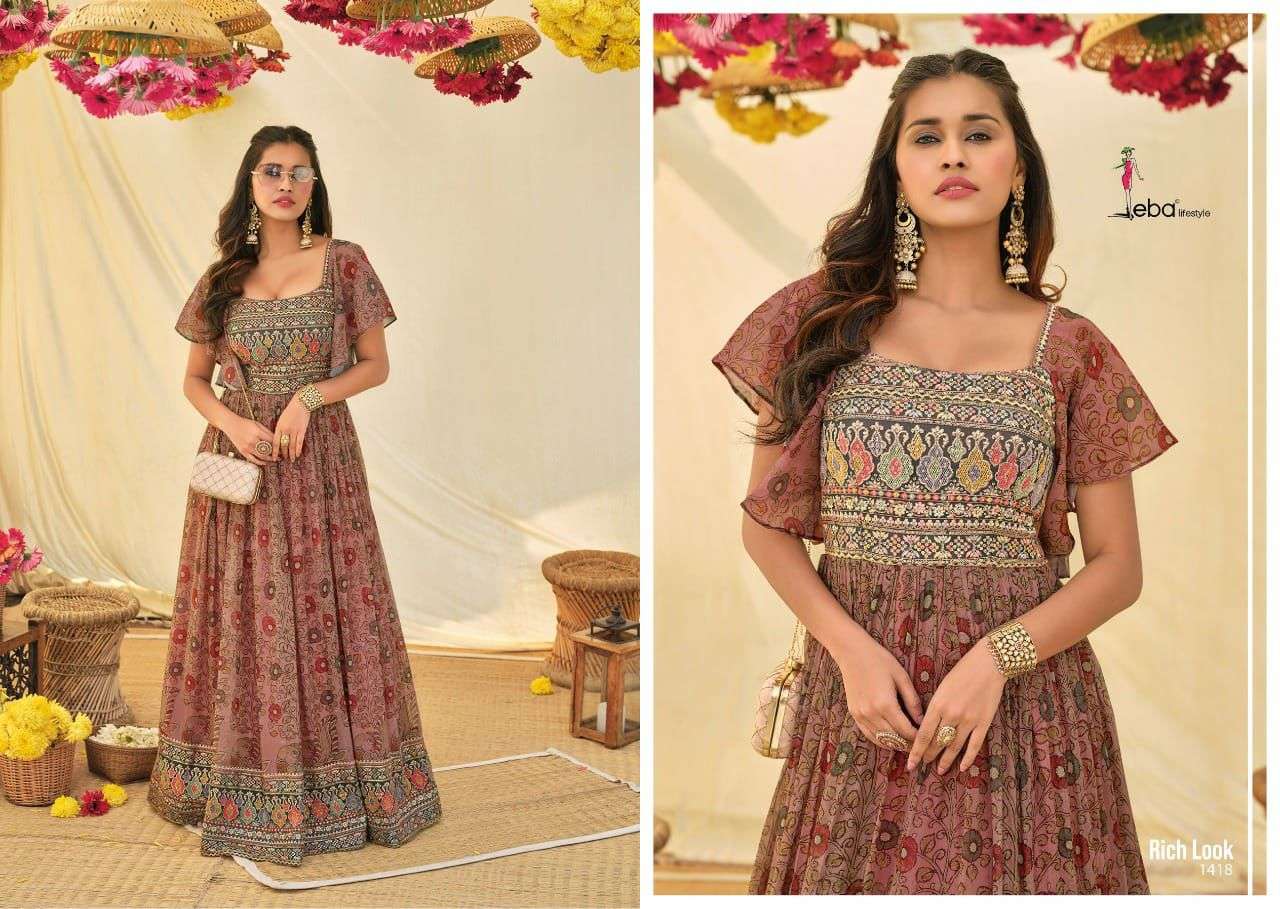 Eba Rich Look Catalog Party Wear Weightless Georgette Stitched Long Gowns 