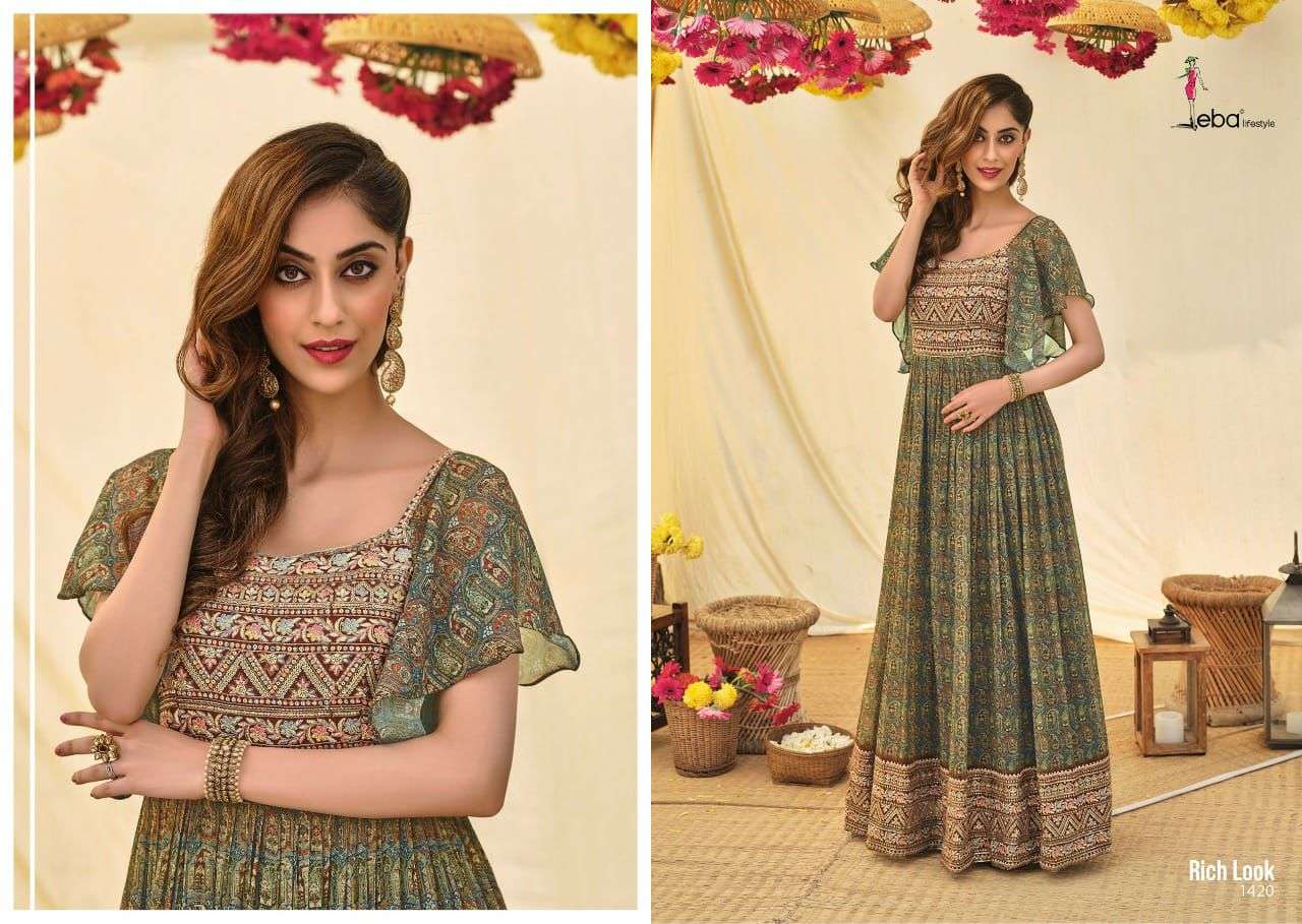 Eba Rich Look Catalog Party Wear Weightless Georgette Stitched Long Gowns 