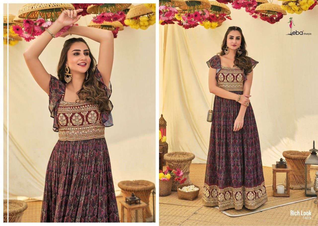 Eba Rich Look Catalog Party Wear Weightless Georgette Stitched Long Gowns 