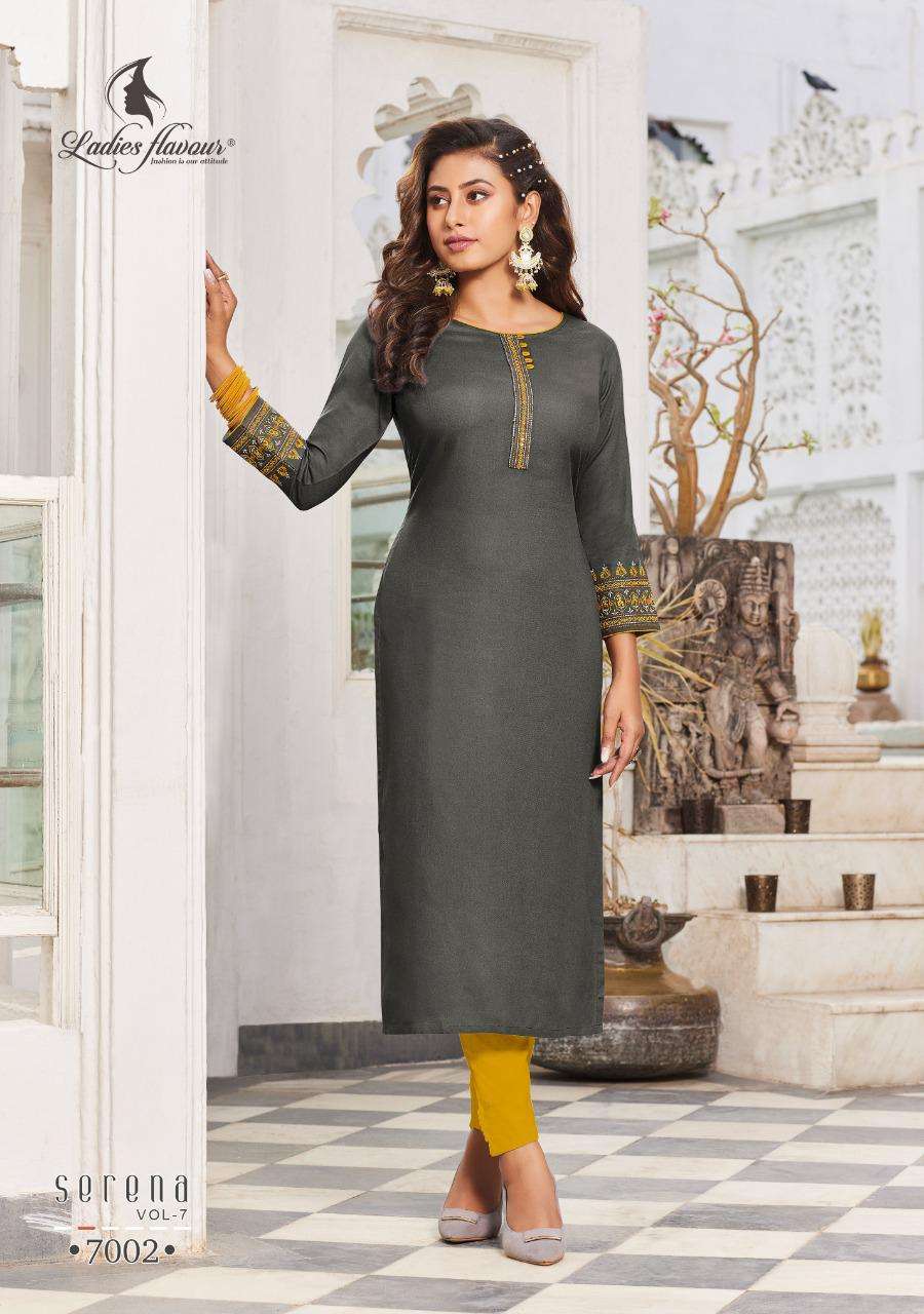Ladies Flavour Serena Vol 7 Catalog Designer Wear Rayon Embroidery Kurtis 