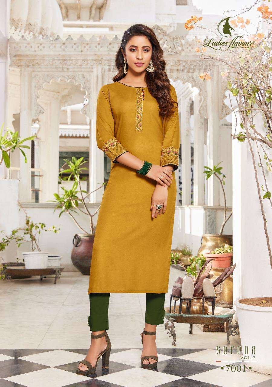 Ladies Flavour Serena Vol 7 Catalog Designer Wear Rayon Embroidery Kurtis 