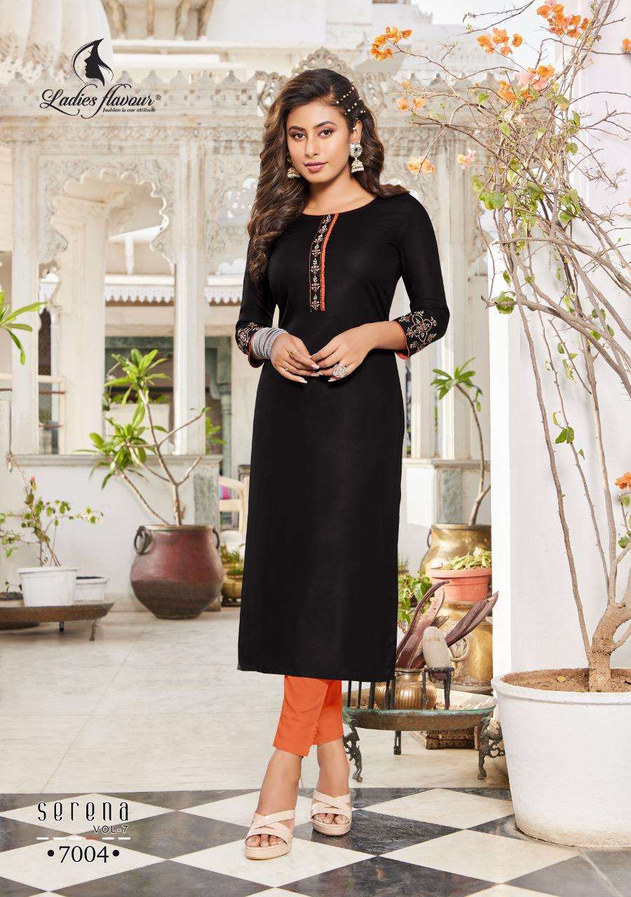 Ladies Flavour Serena Vol 7 Catalog Designer Wear Rayon Embroidery Kurtis 
