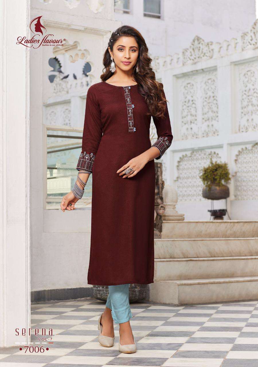 Ladies Flavour Serena Vol 7 Catalog Designer Wear Rayon Embroidery Kurtis 