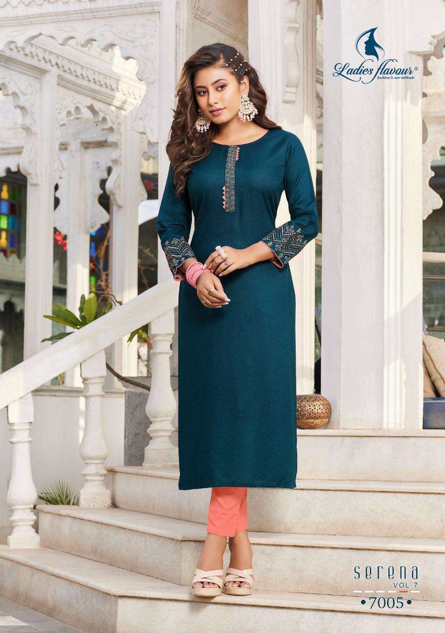 Ladies Flavour Serena Vol 7 Catalog Designer Wear Rayon Embroidery Kurtis 