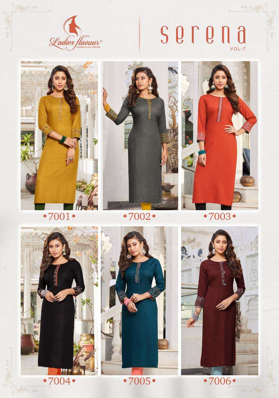 Ladies Flavour Serena Vol 7 Catalog Designer Wear Rayon Embroidery Kurtis 