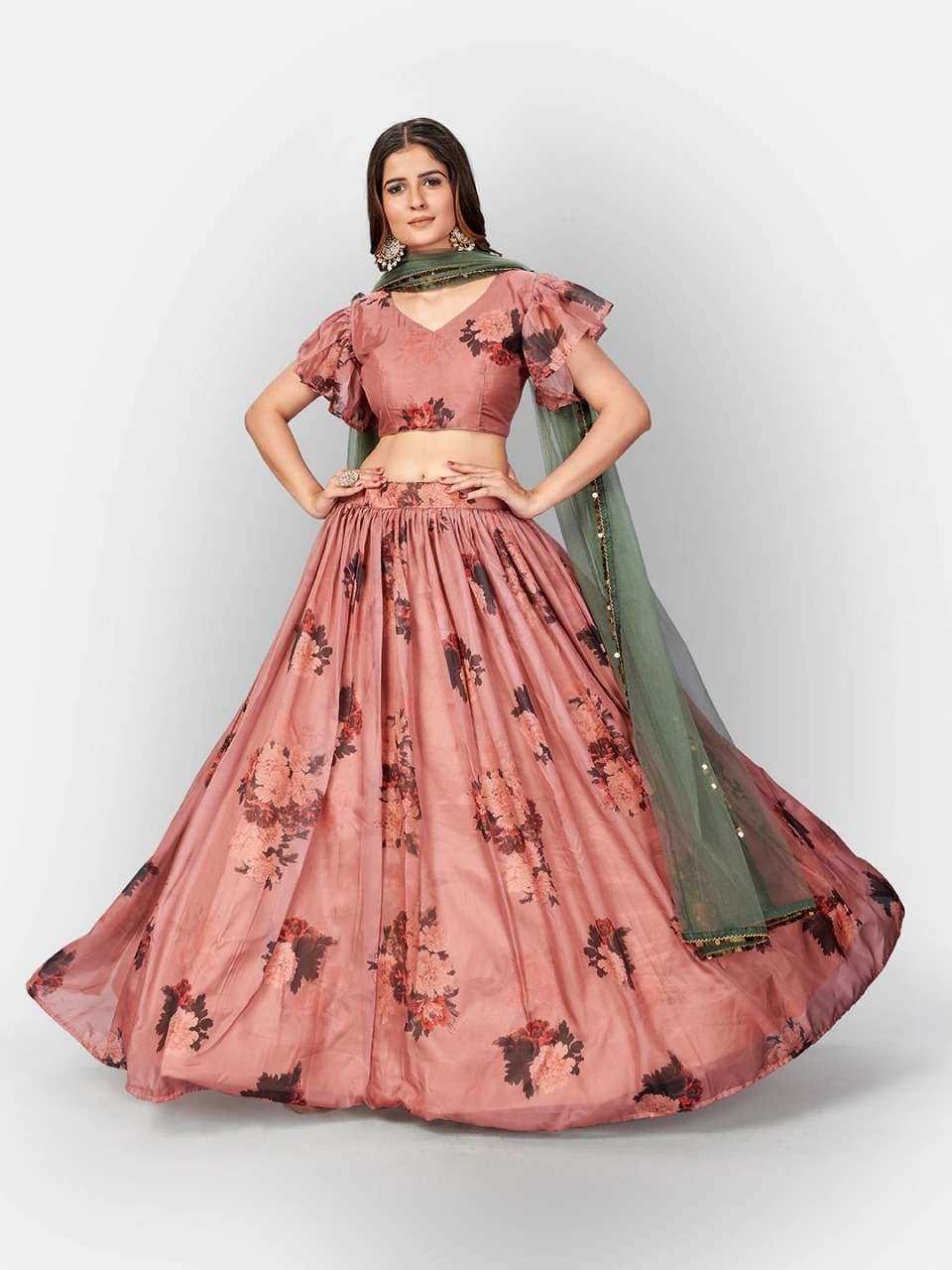 Peach Flower Printed Lehenga Latest Party Wear Lehenga Choli