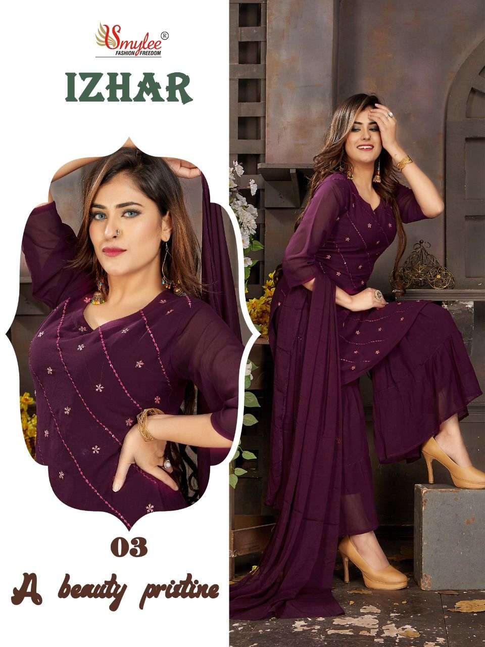 Smylee Izhar Catalog Ethnic Wear Chiffon Embroidery Readymade Top Bottom Dupatta 