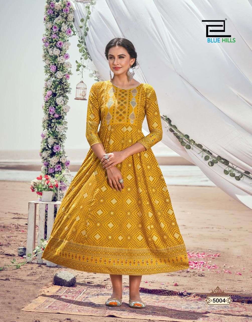 Blue Hills Up to Date 5 Catalog Party Wear Long Rayon Anarkali Kurtis 