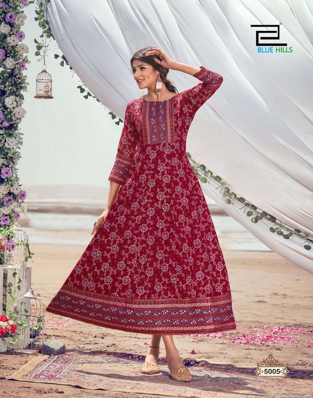 Blue Hills Up to Date 5 Catalog Party Wear Long Rayon Anarkali Kurtis 