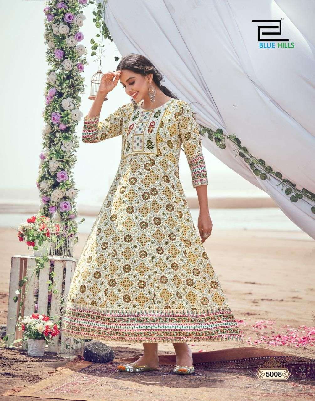 Blue Hills Up to Date 5 Catalog Party Wear Long Rayon Anarkali Kurtis 