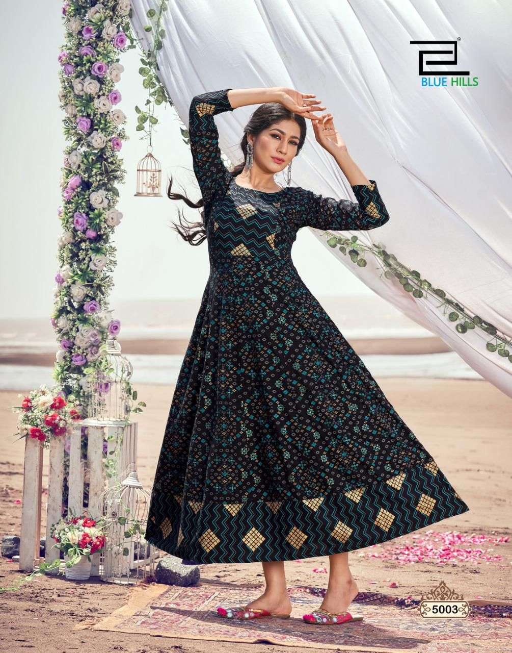 Blue Hills Up to Date 5 Catalog Party Wear Long Rayon Anarkali Kurtis 