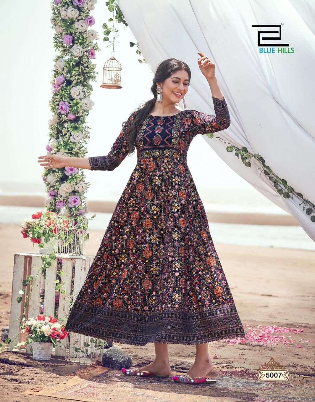 Blue Hills Up to Date 5 Catalog Party Wear Long Rayon Anarkali Kurtis 