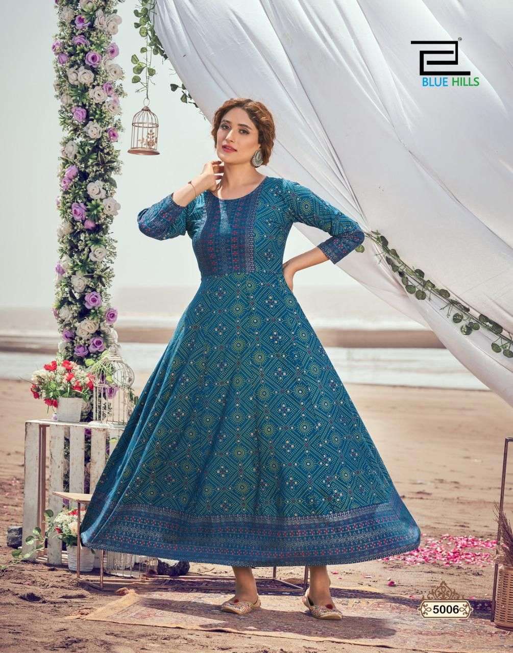 Blue Hills Up to Date 5 Catalog Party Wear Long Rayon Anarkali Kurtis 