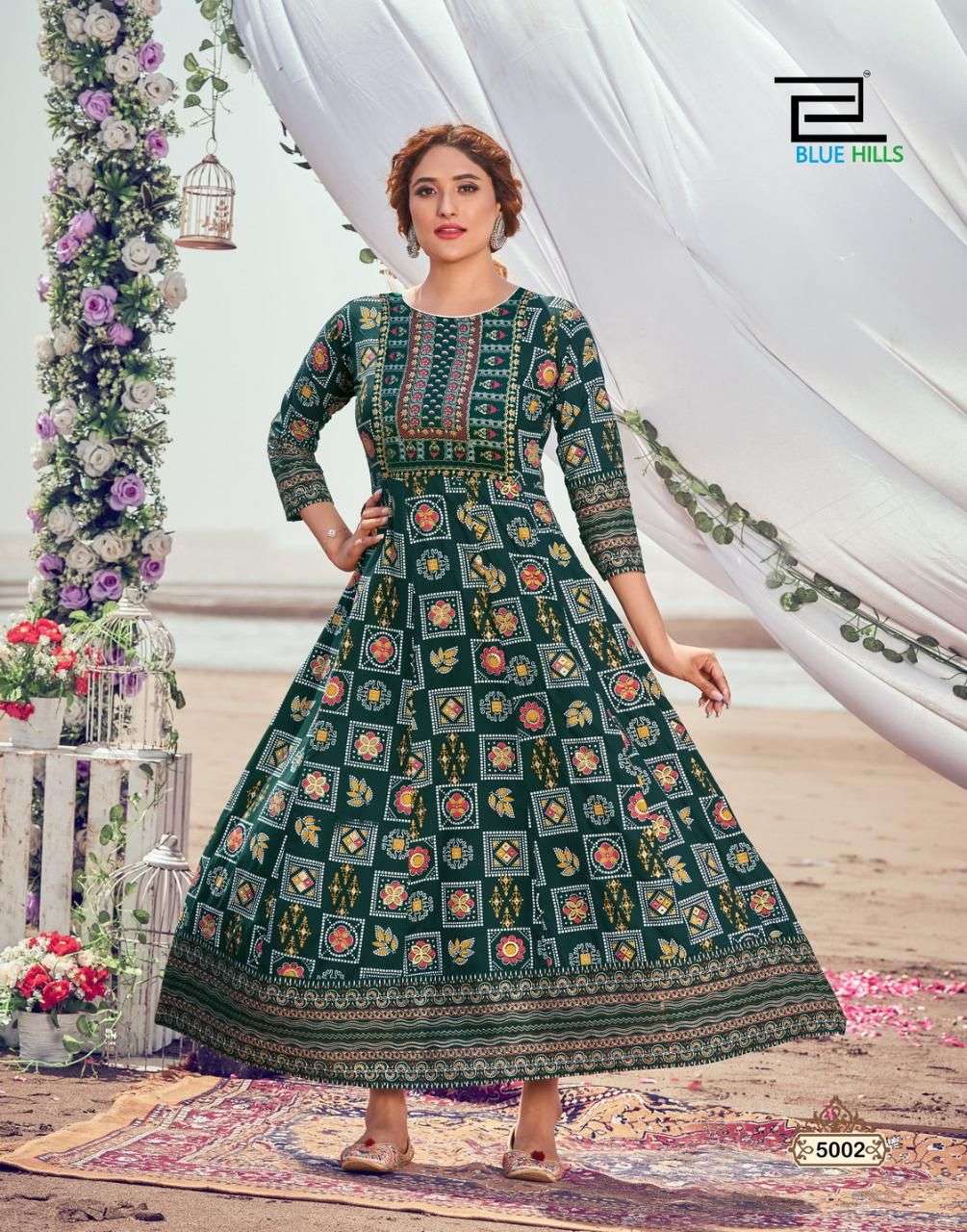 Blue Hills Up to Date 5 Catalog Party Wear Long Rayon Anarkali Kurtis 