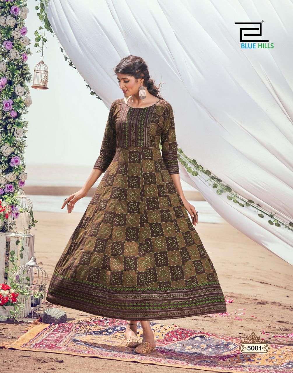Blue Hills Up to Date 5 Catalog Party Wear Long Rayon Anarkali Kurtis 