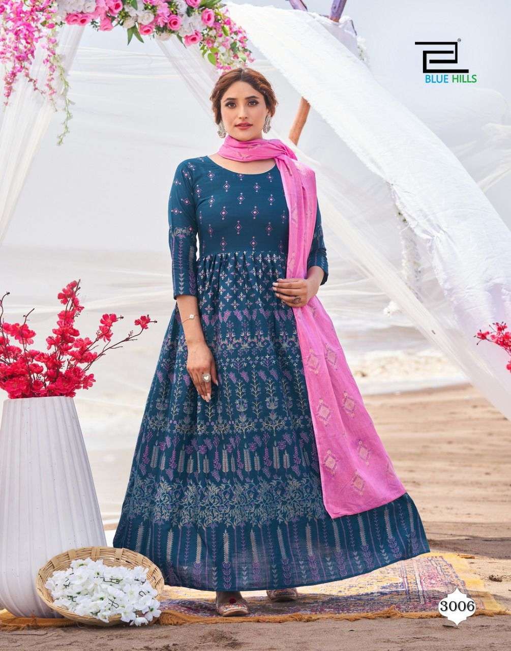 Blue Hills Walkway Dupatta Edition Vol 3 Catalog Festive Wear Cotton Long  Anarkali Kurti With Dupatta