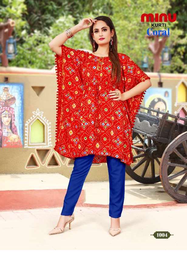 Minu Coral-4P Rayon Kaftan Kurti Catalogue