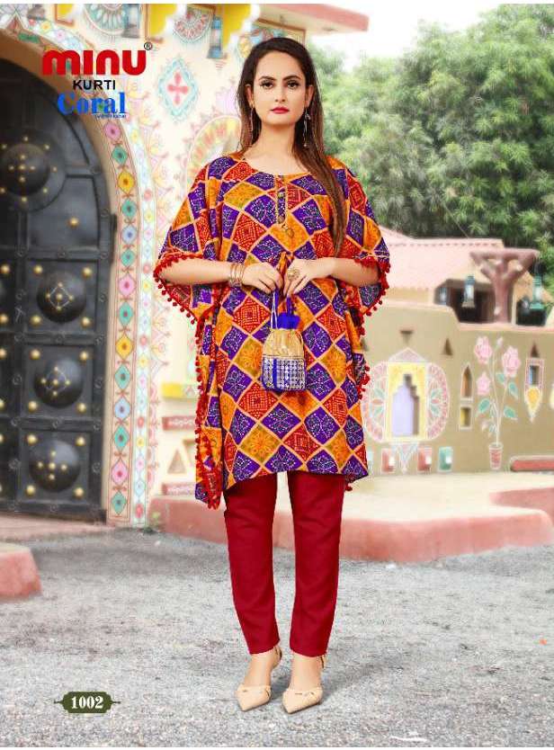 Minu Coral-4P Rayon Kaftan Kurti Catalogue