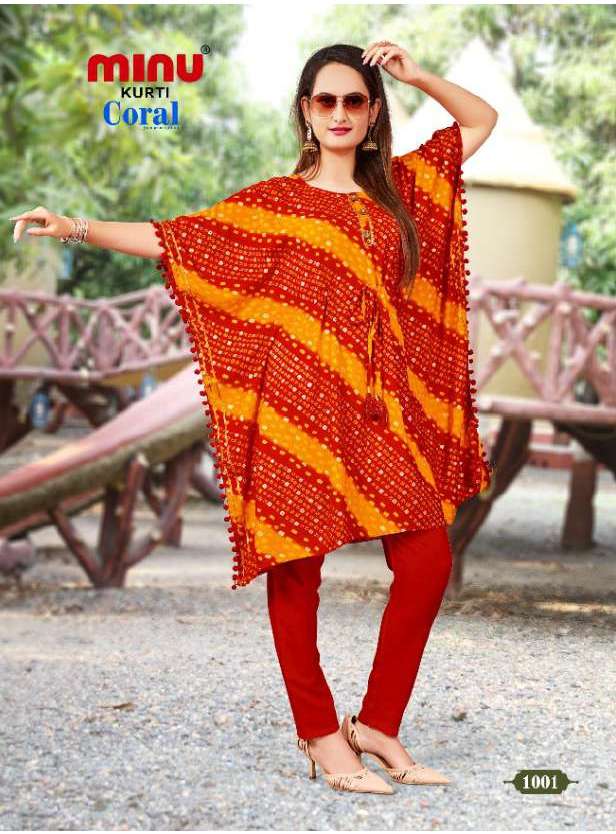 Minu Coral-4P Rayon Kaftan Kurti Catalogue