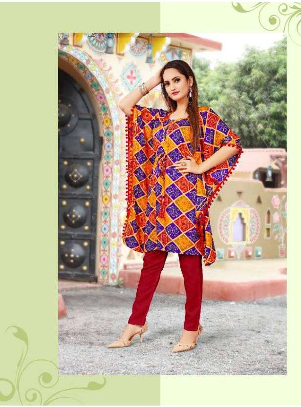 Minu Coral-4P Rayon Kaftan Kurti Catalogue