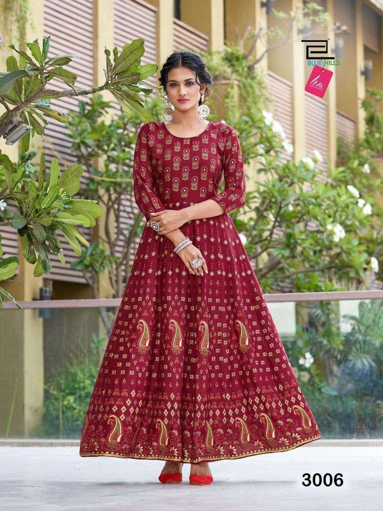 BLUE HILLS FESTIVAL NIGHT VOL 3 HEAVY RAYON FOIL PRINTED LONG ANARKALI KURTI