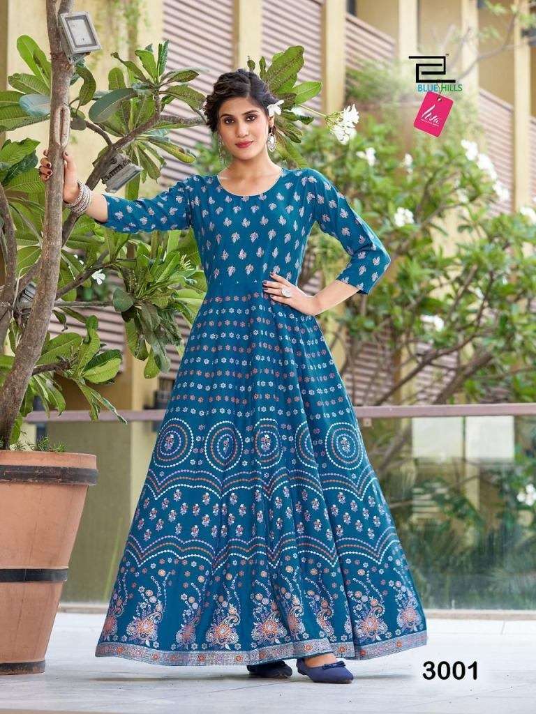 BLUE HILLS FESTIVAL NIGHT VOL 3 HEAVY RAYON FOIL PRINTED LONG ANARKALI KURTI