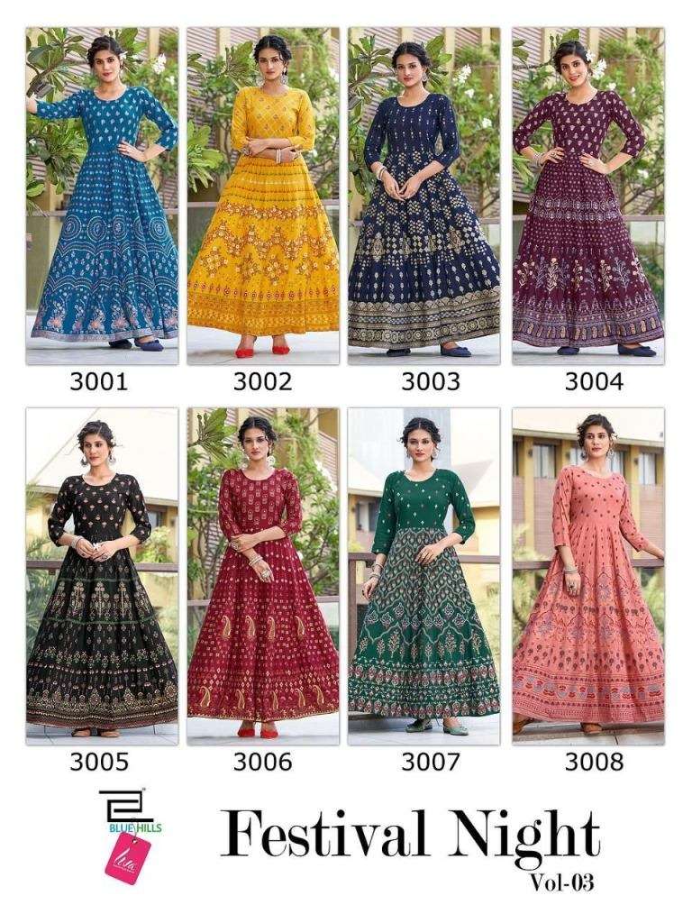 BLUE HILLS FESTIVAL NIGHT VOL 3 HEAVY RAYON FOIL PRINTED LONG ANARKALI KURTI