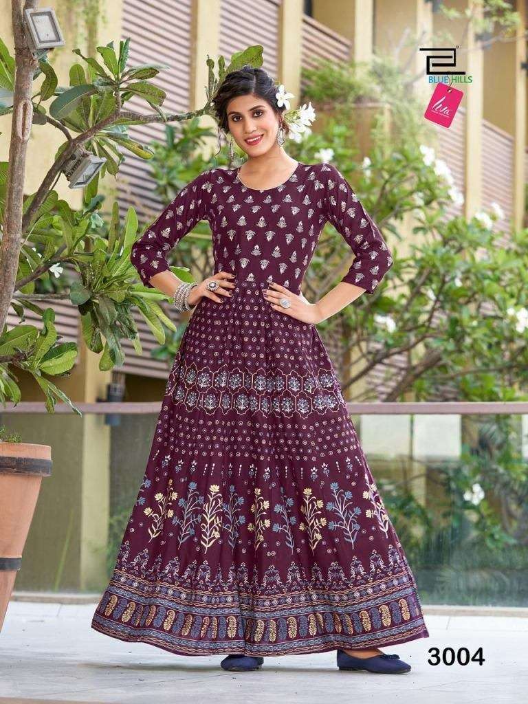 BLUE HILLS FESTIVAL NIGHT VOL 3 HEAVY RAYON FOIL PRINTED LONG ANARKALI KURTI