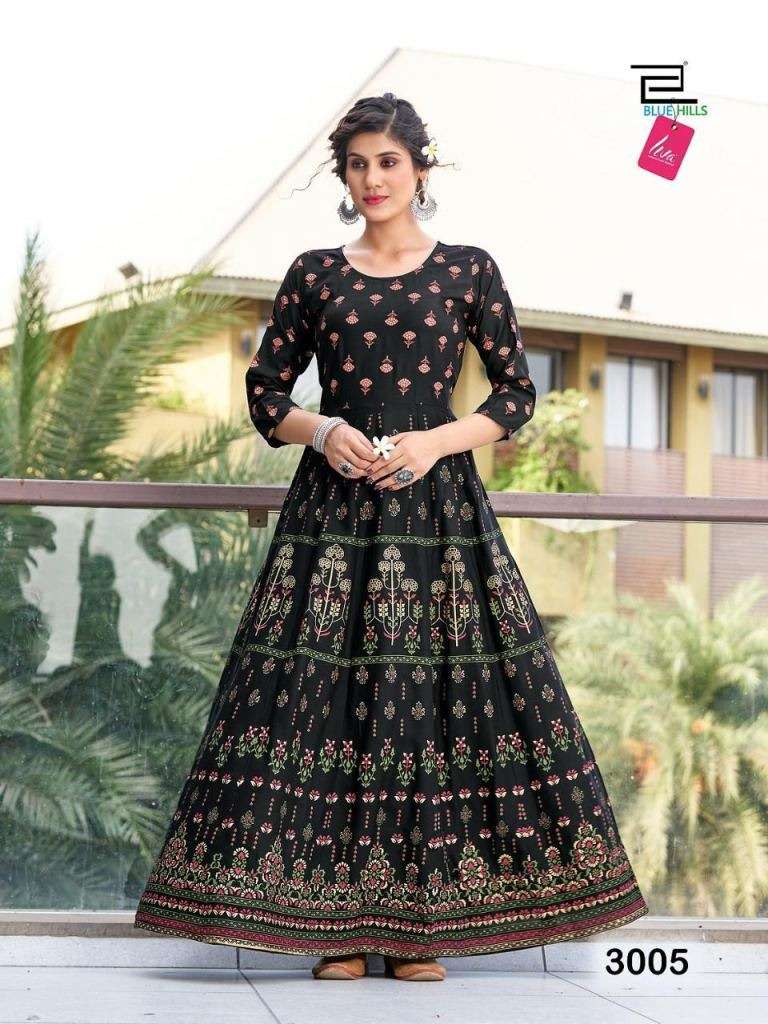 BLUE HILLS FESTIVAL NIGHT VOL 3 HEAVY RAYON FOIL PRINTED LONG ANARKALI KURTI
