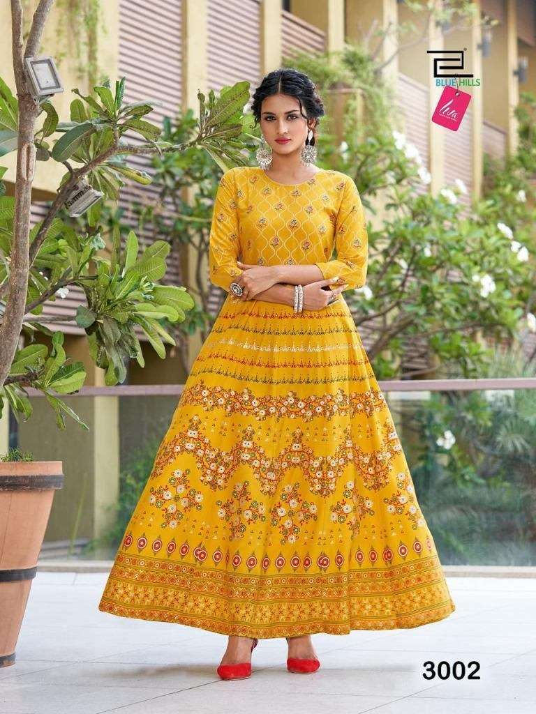 BLUE HILLS FESTIVAL NIGHT VOL 3 HEAVY RAYON FOIL PRINTED LONG ANARKALI KURTI