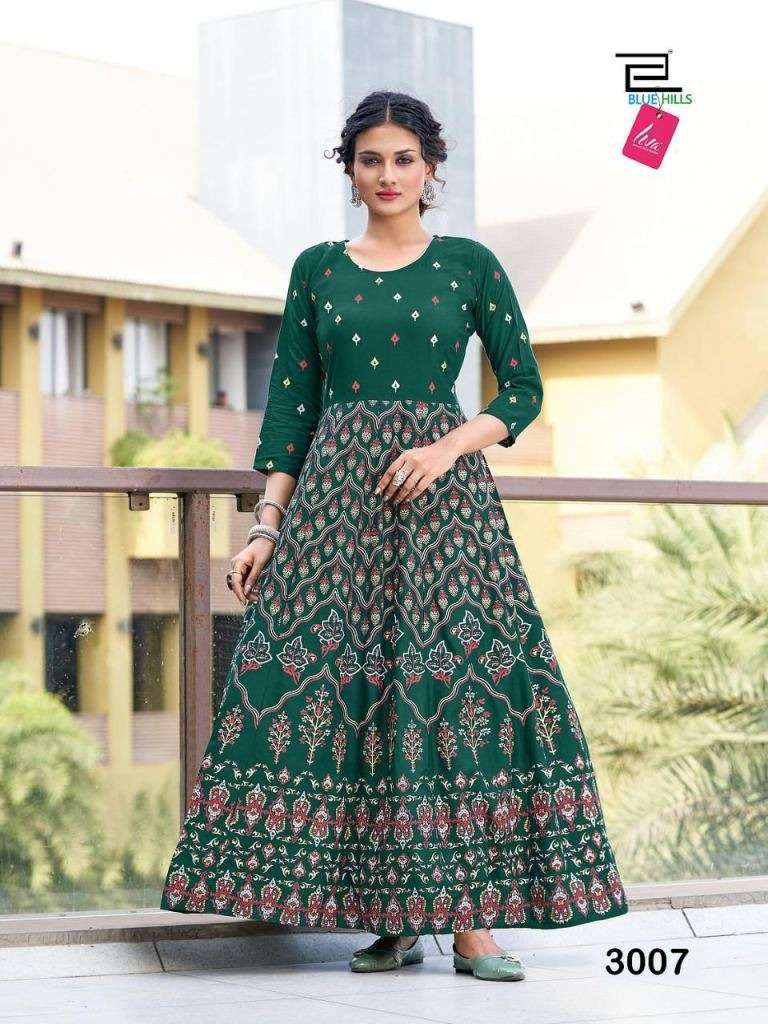 BLUE HILLS FESTIVAL NIGHT VOL 3 HEAVY RAYON FOIL PRINTED LONG ANARKALI KURTI