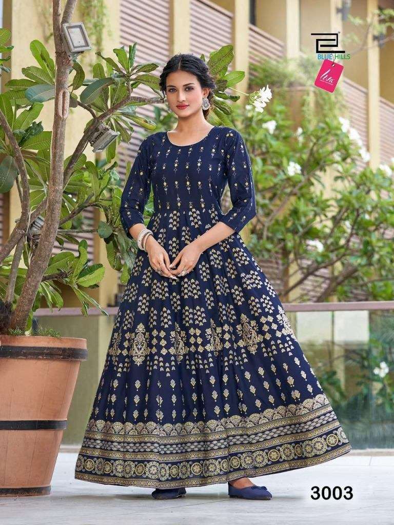 BLUE HILLS FESTIVAL NIGHT VOL 3 HEAVY RAYON FOIL PRINTED LONG ANARKALI KURTI