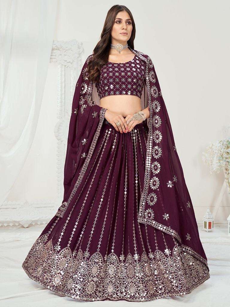 Damson Purple Sequence Georgette Wedding Lehenga Choli