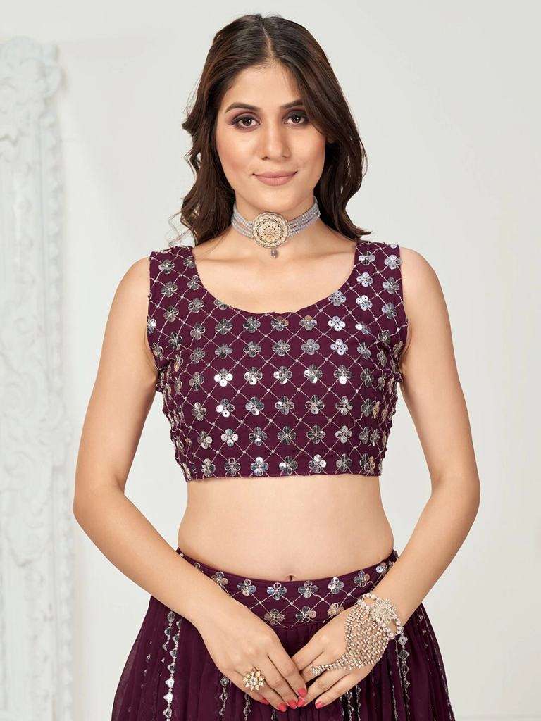 Damson Purple Sequence Georgette Wedding Lehenga Choli