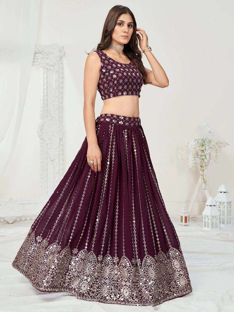 Damson Purple Sequence Georgette Wedding Lehenga Choli