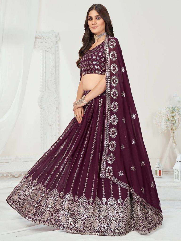 Damson Purple Sequence Georgette Wedding Lehenga Choli
