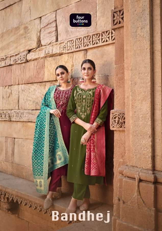 FOUR BUTTONS BANDHEJ 3 PCS READYMADE TOP BOTTOM AND DUPATTA COLLECTION