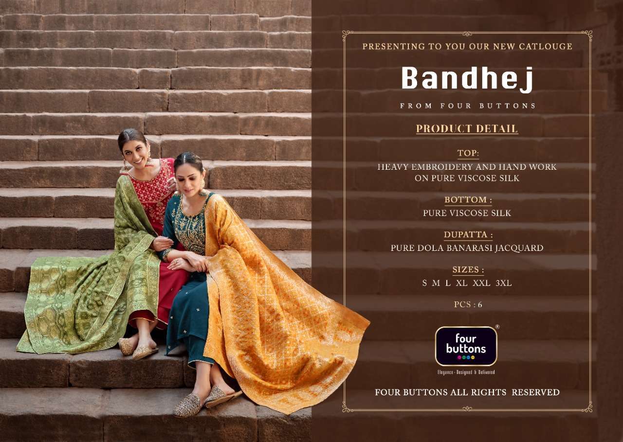 FOUR BUTTONS BANDHEJ 3 PCS READYMADE TOP BOTTOM AND DUPATTA COLLECTION