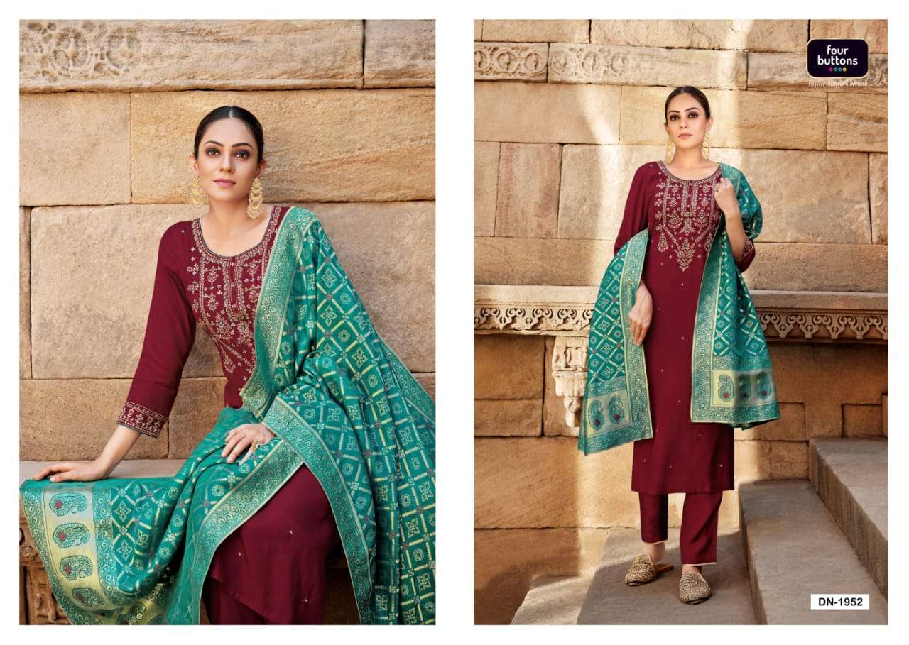 FOUR BUTTONS BANDHEJ 3 PCS READYMADE TOP BOTTOM AND DUPATTA COLLECTION
