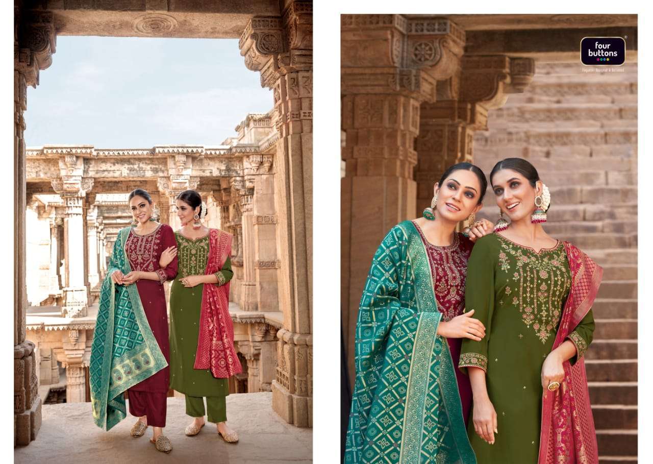 FOUR BUTTONS BANDHEJ 3 PCS READYMADE TOP BOTTOM AND DUPATTA COLLECTION