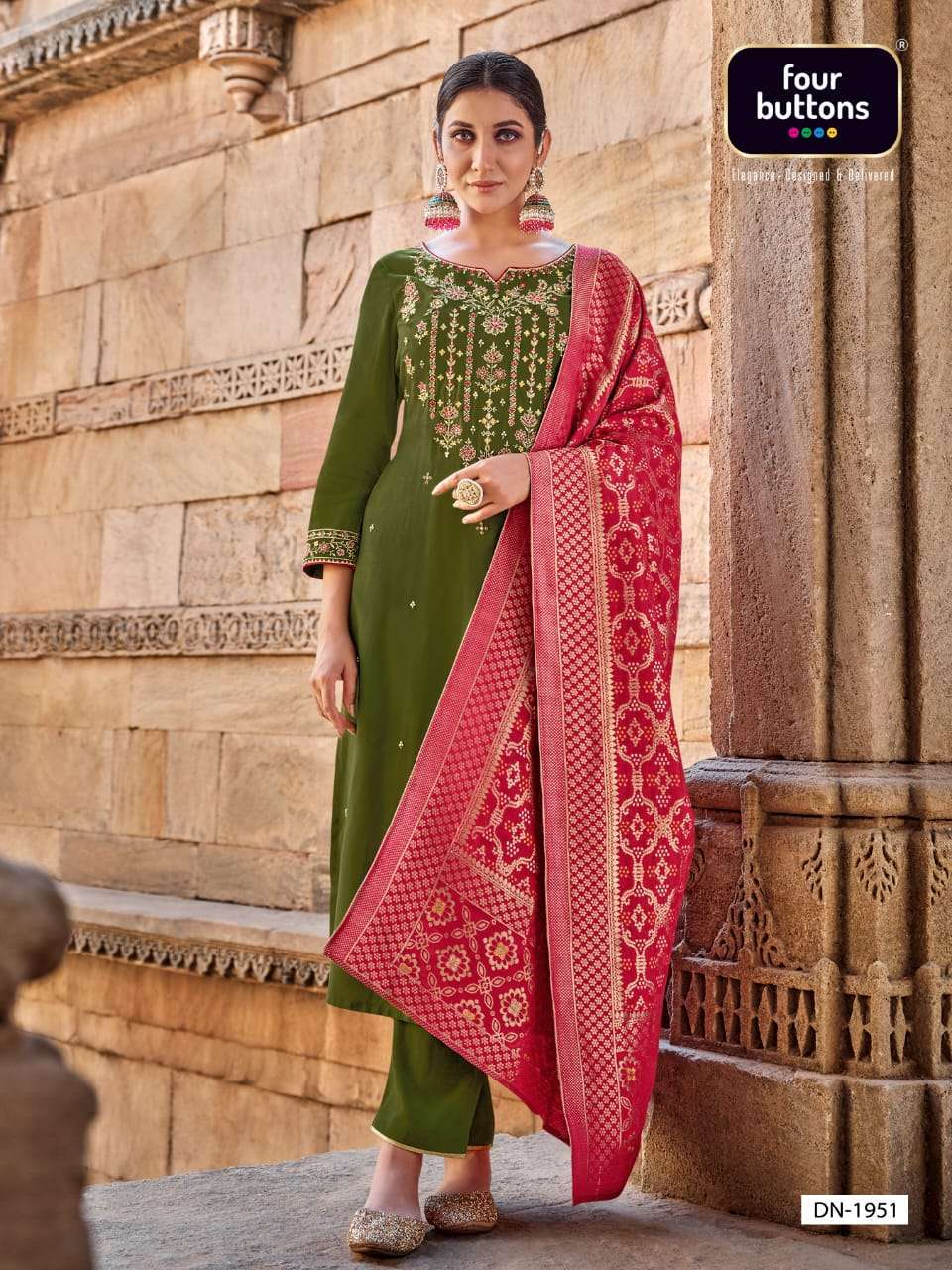 FOUR BUTTONS BANDHEJ 3 PCS READYMADE TOP BOTTOM AND DUPATTA COLLECTION