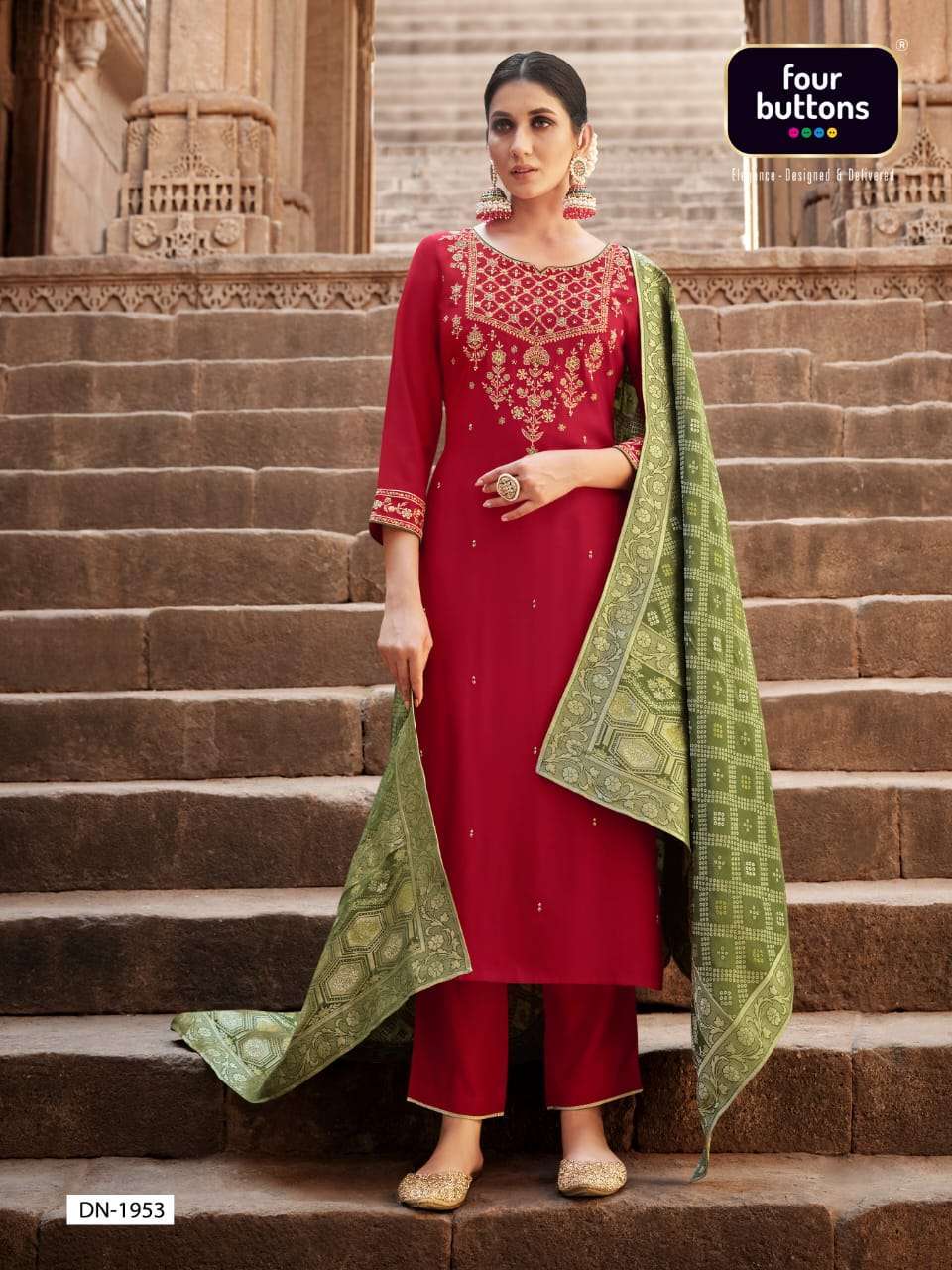 FOUR BUTTONS BANDHEJ 3 PCS READYMADE TOP BOTTOM AND DUPATTA COLLECTION