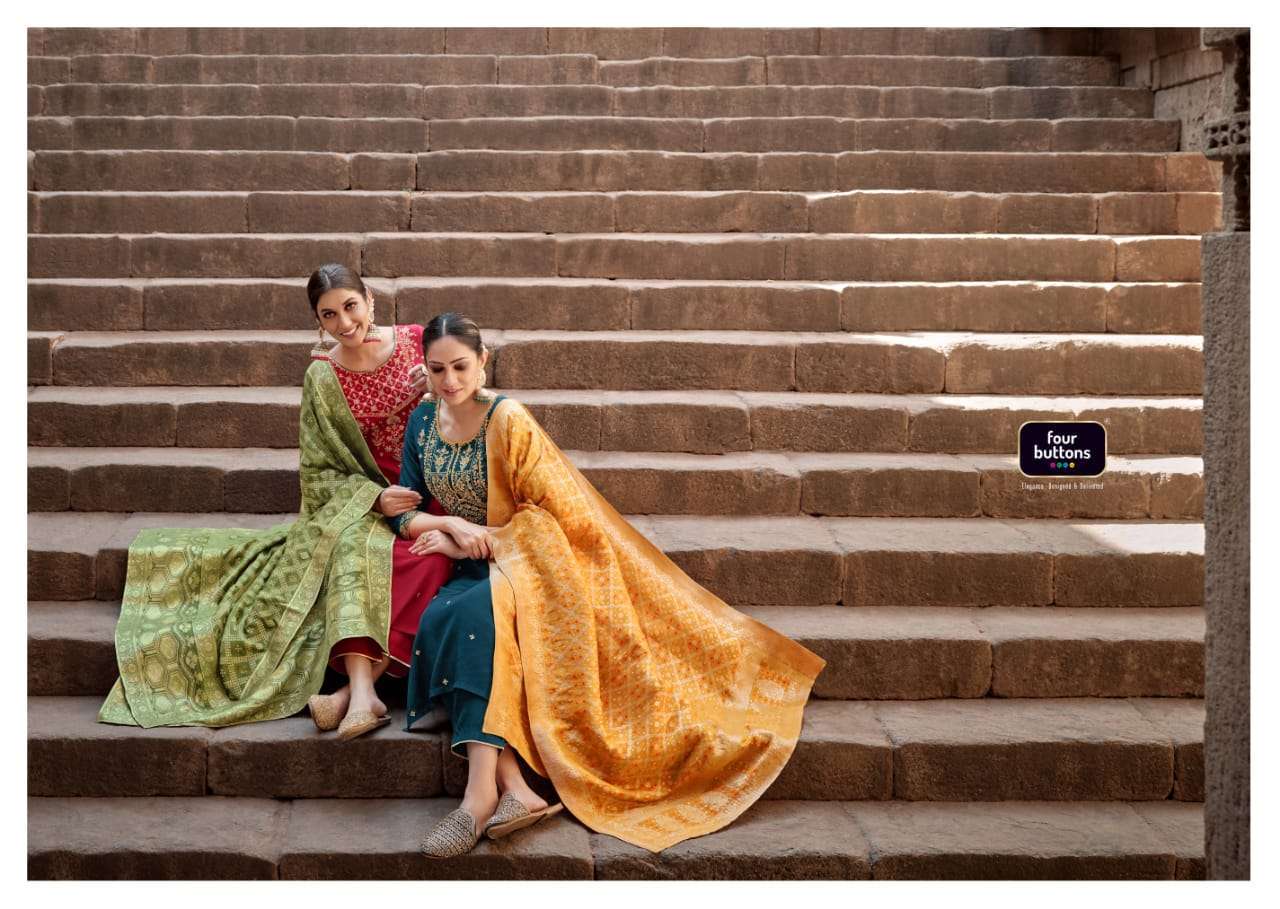 FOUR BUTTONS BANDHEJ 3 PCS READYMADE TOP BOTTOM AND DUPATTA COLLECTION