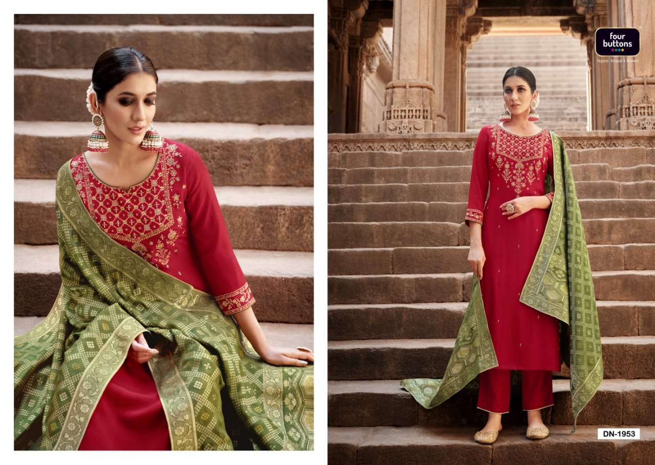 FOUR BUTTONS BANDHEJ 3 PCS READYMADE TOP BOTTOM AND DUPATTA COLLECTION