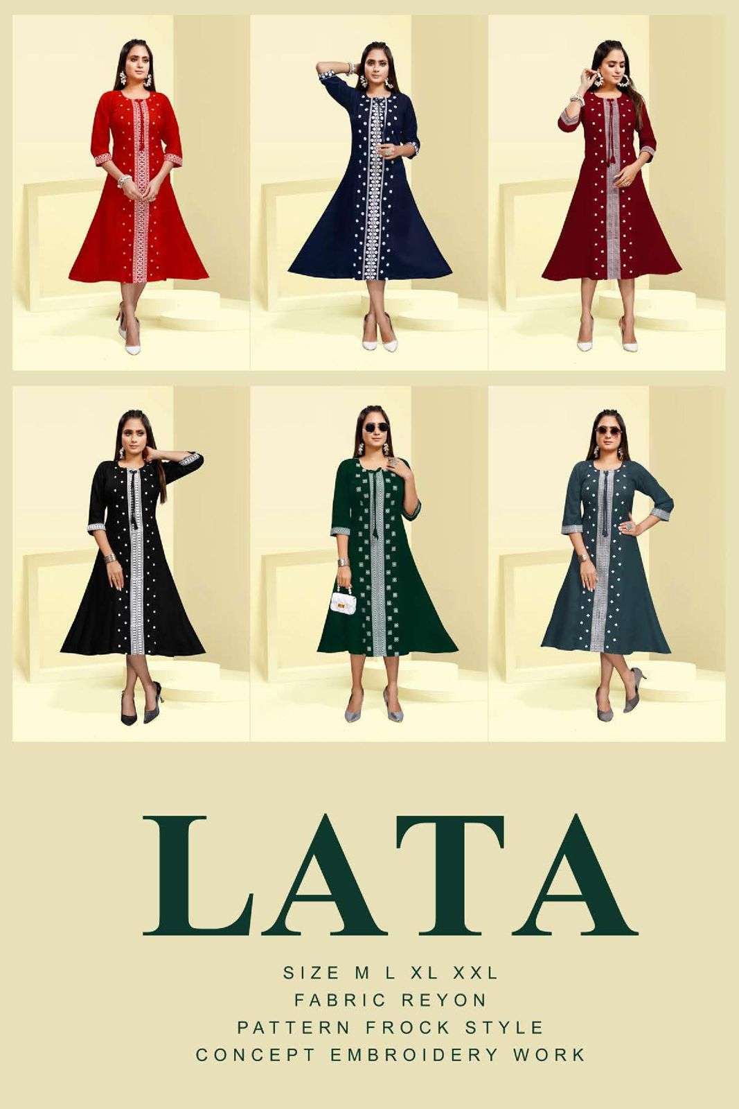  LATA EMBROIDERY HEAVY RAYON EMBROIDERY WORK FROCK KURTI STYLE KURTI CATALOG WHOLESALER BEST RATE