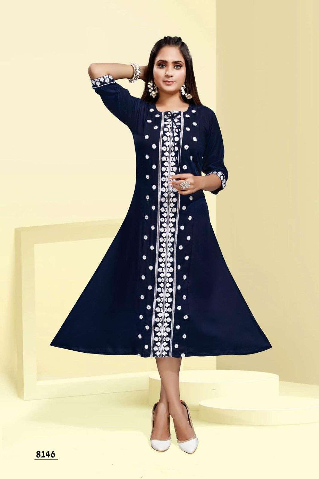  LATA EMBROIDERY HEAVY RAYON EMBROIDERY WORK FROCK KURTI STYLE KURTI CATALOG WHOLESALER BEST RATE