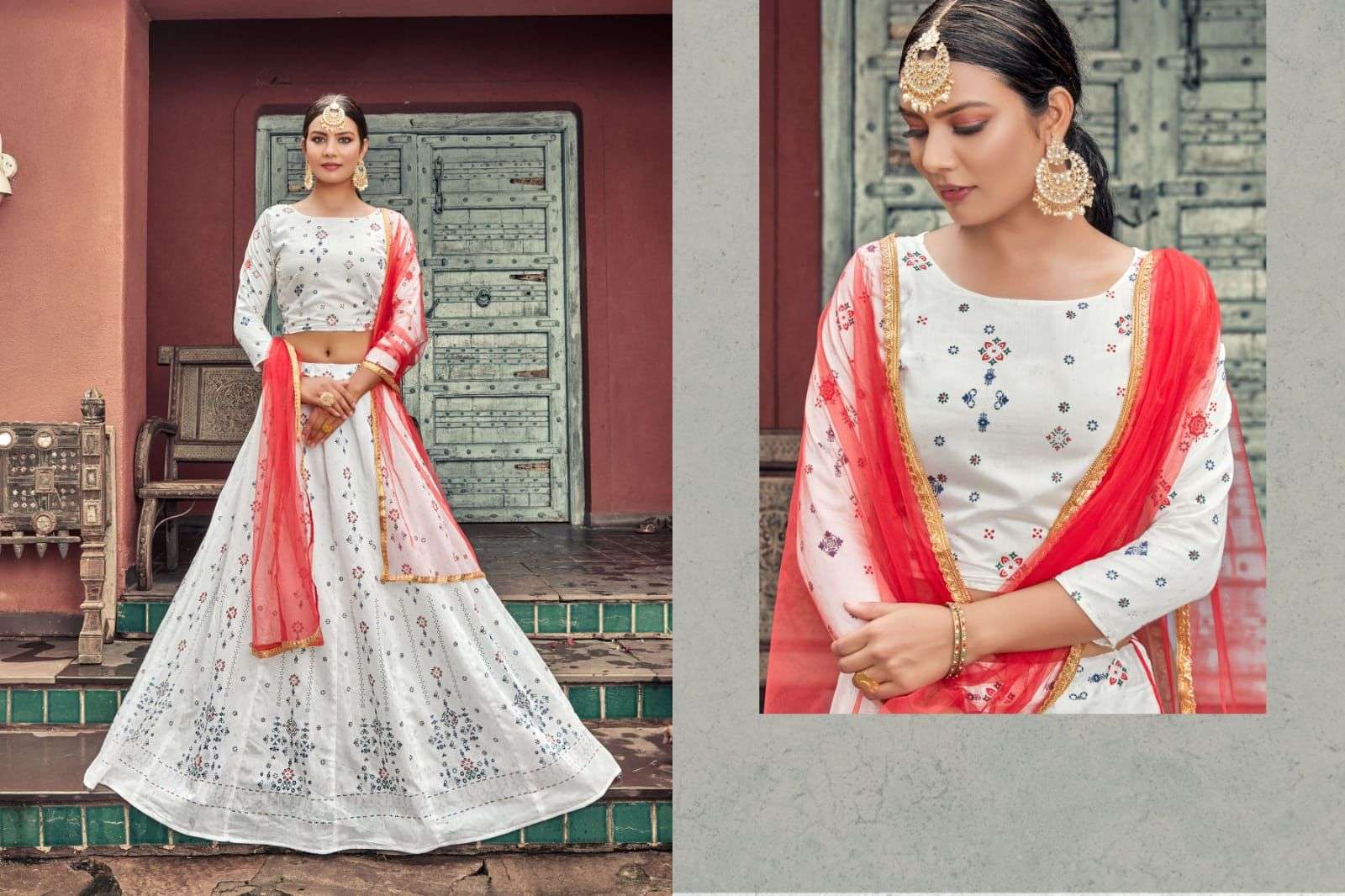 TIPS & TOPS LEHNGA CHANDERI SILK CROP TOP WITH SKIRT AND DUPATTA