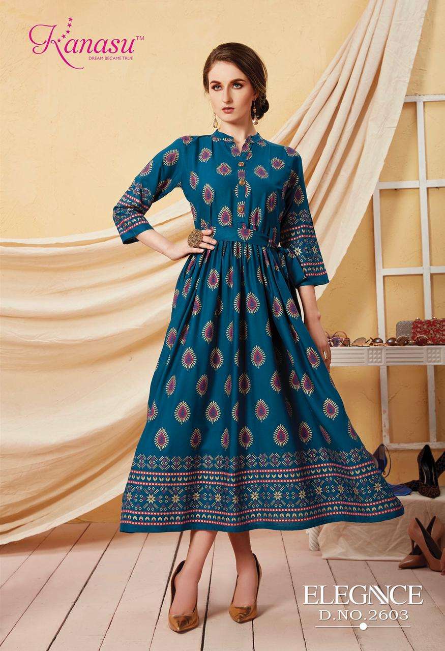 KANASU LAUNCH ELEGANCE RAYON GOLD PRINT LONG KURTI WHOLESALE RATE IN SURAT TEXTILE MARKET
