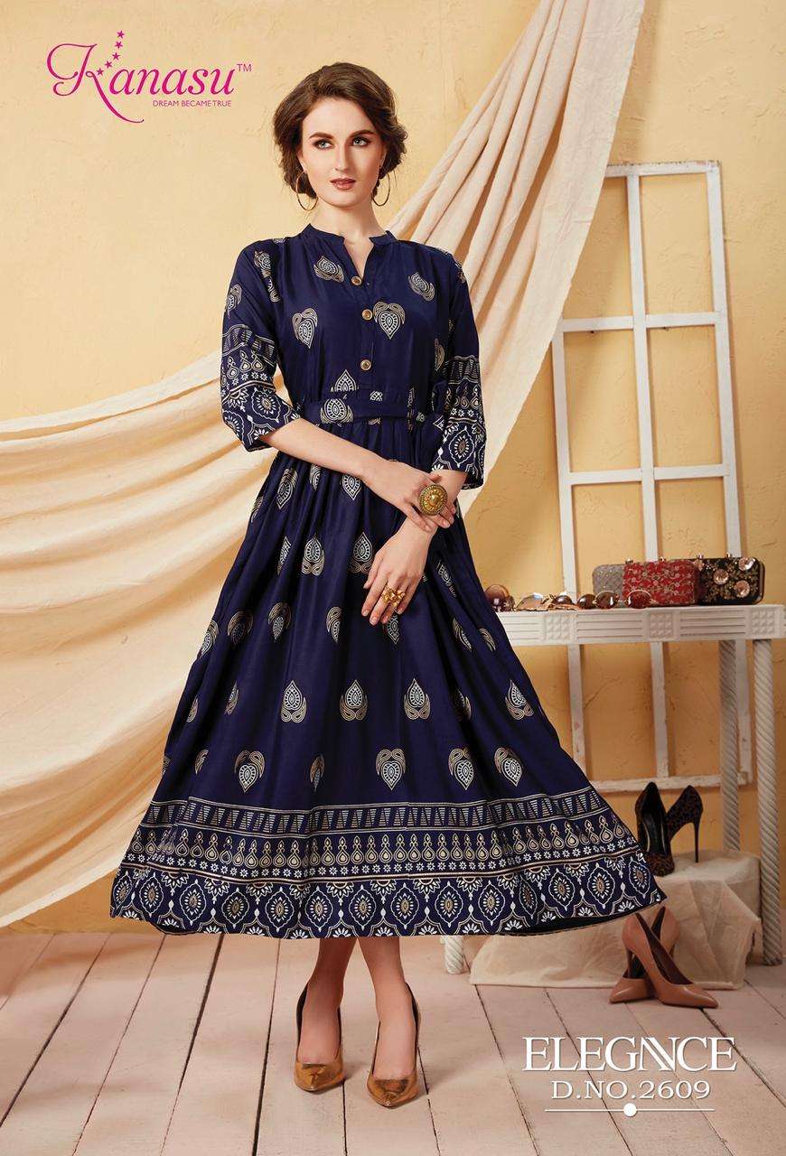 KANASU LAUNCH ELEGANCE RAYON GOLD PRINT LONG KURTI WHOLESALE RATE IN SURAT TEXTILE MARKET